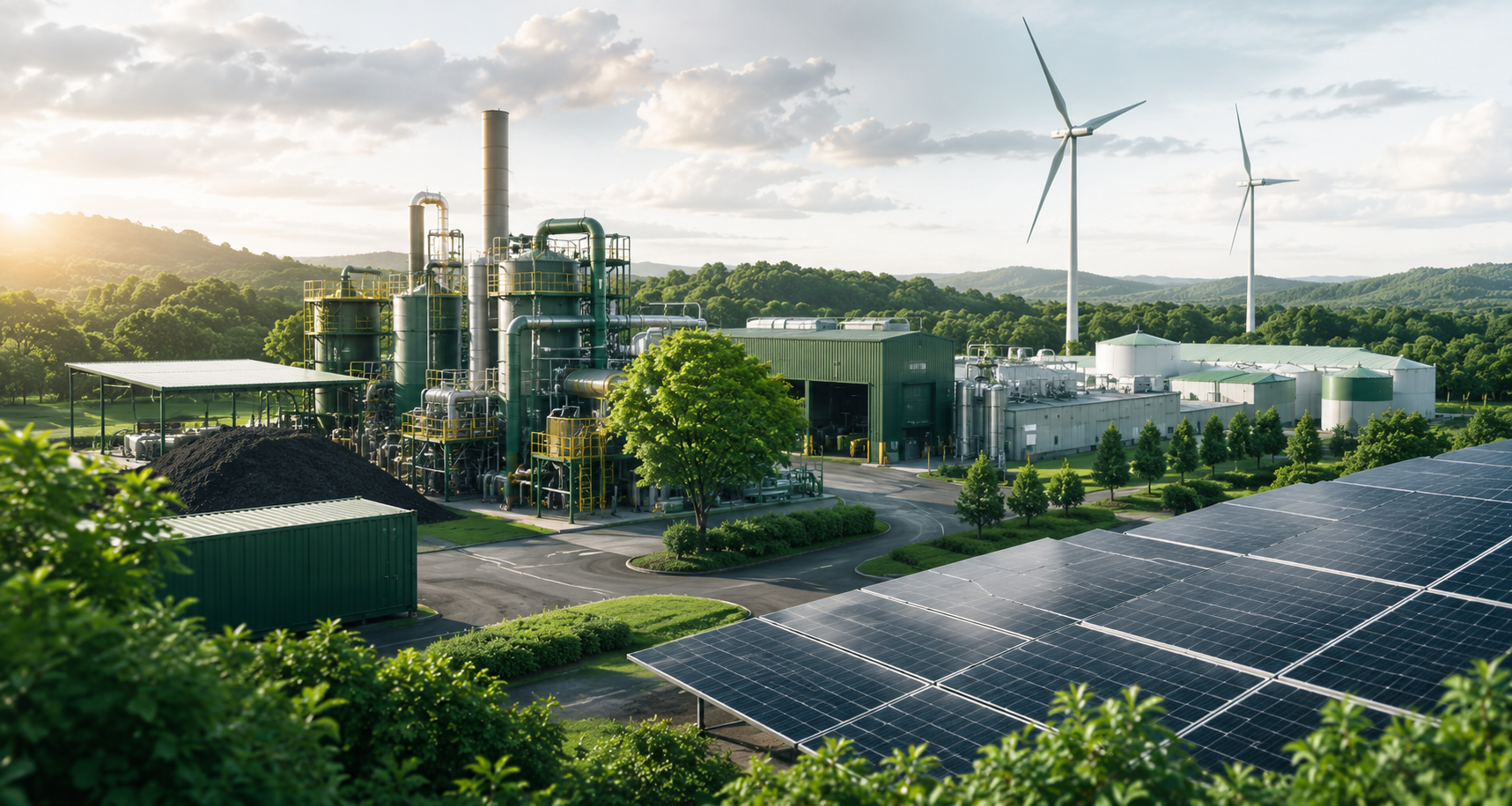 Renewable energy plant with solar panels, wind turbines